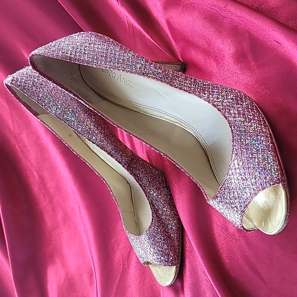 Enzo Angiolini Pink Glitter Peep-Toe Heels
